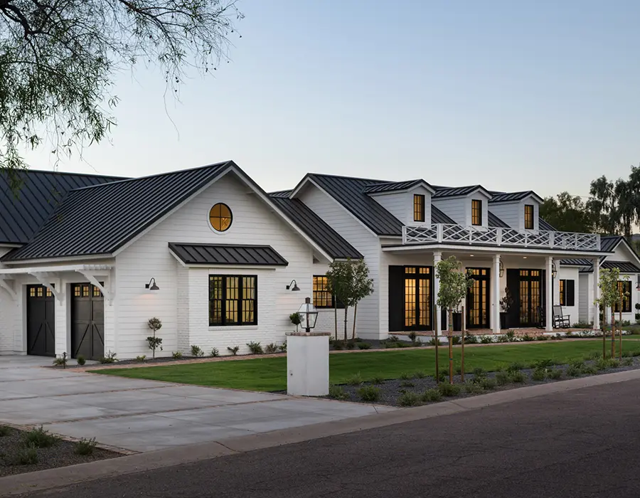 Modern home scandinavian style with white siding painted and black roof