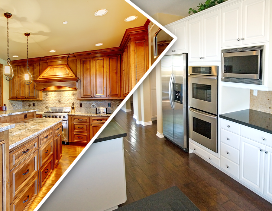 Cabinet resurfacing before and after view with old wooden cabinets and white resurfaced ones