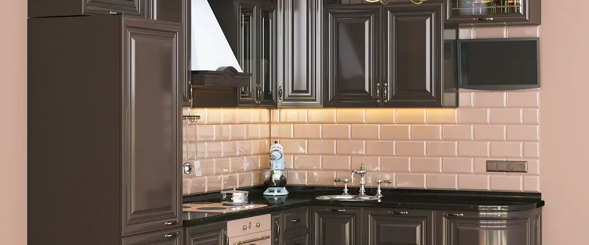 brown kitchen furniture with painted cabinets